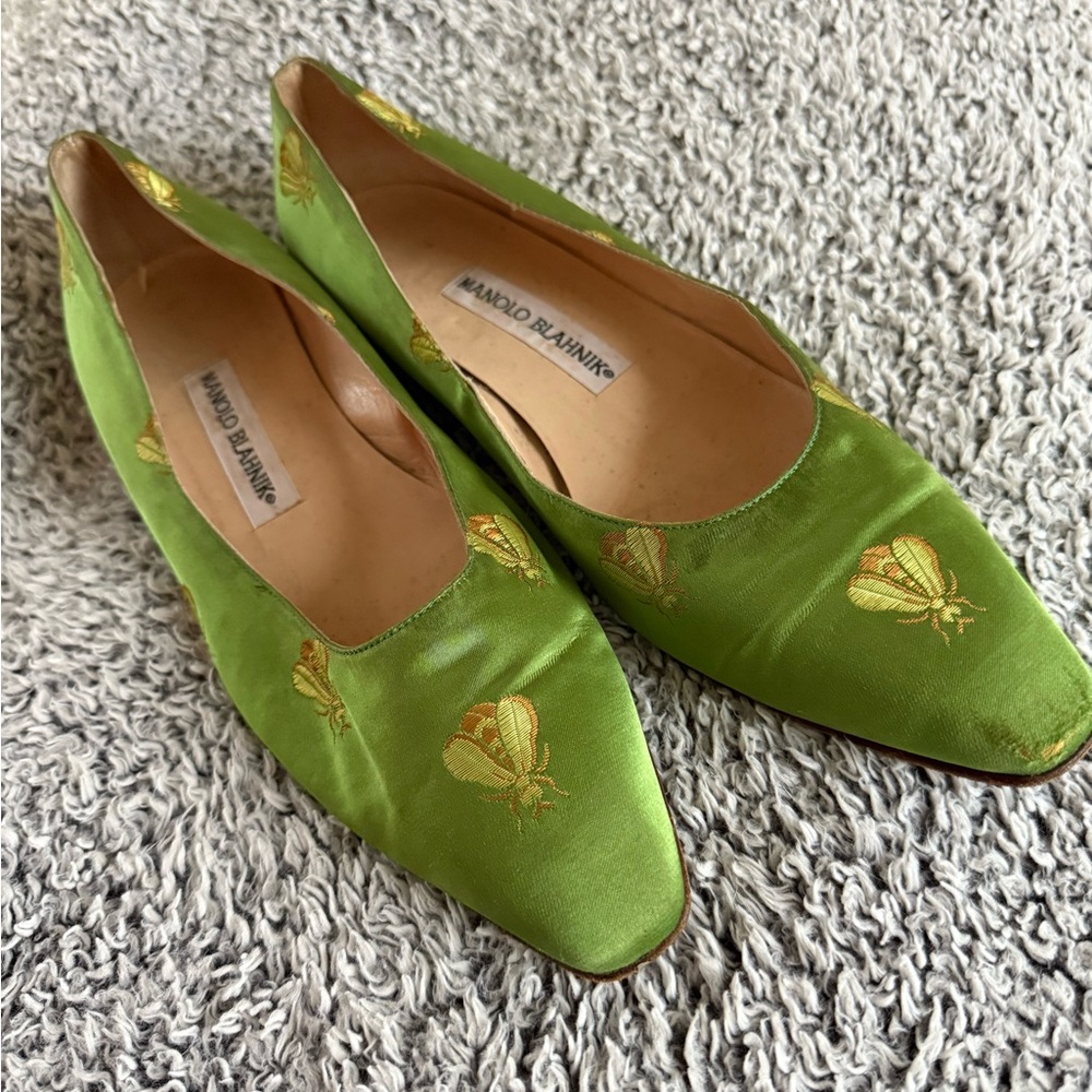 Manolo Blahnik Lime Green Embroidered Flats
